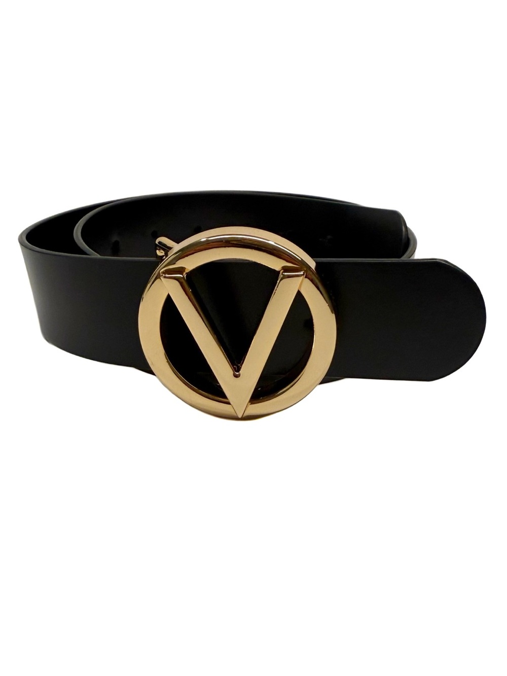 Valentino Gold V Logo Black Leather Belt NWT